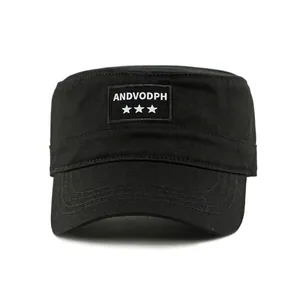 Classic black flat top military cap in twill cotton with star patch and letter print