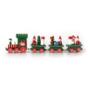 Miniature wooden Christmas train decor with four colorful hand-painted festive carriages