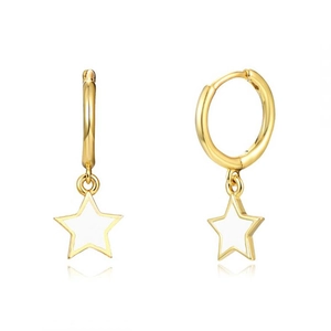 Macro detail of gold hoop earrings with white enamel star pendants on white background