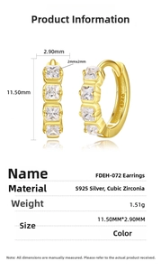 Detail view of S925 silver 18K gold plated hoop earrings with square zircon stones