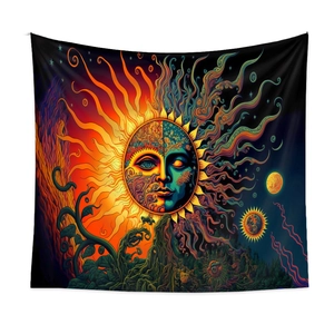 Detailed close-up of celestial mushroom sun and moon tapestry with psychedelic art patterns