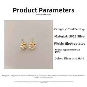 Detailed specs for S925 silver pearl wreath earrings in gold and silver finish