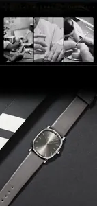 Macro detail of oval stainless steel watch case with grey sunray dial and leather strap