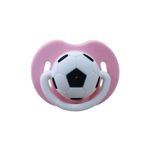 Detail showing baby pacifier with a 3D soccer ball design and a pink silicone base