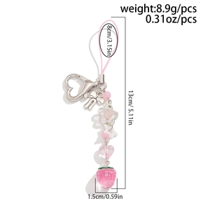 Portachiavi con fragola rosa chiusura a cuore e perline dettagli dimensioni 13cm lunghezza