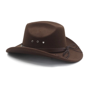 Detail of dark brown wool felt cowboy hat with leather band and side bow tie knot