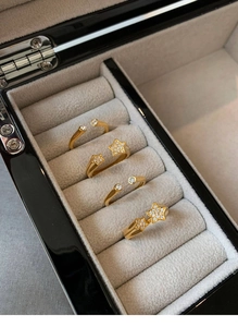 Detailed macro of gold plated star rings with sparkling zircon stones in a jewelry box