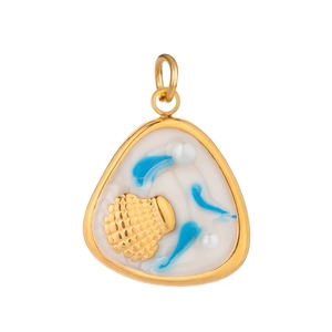 Detail of gold triangle pendant with white enamel, ocean wave pattern and small pearls