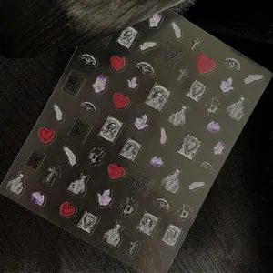Gothic dark nail art stickers with skulls, eyes and hearts on ultra-thin material