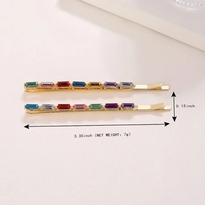 Colorful rhinestone bobby pins with rectangular crystals in gold finish, 3.35 inch length