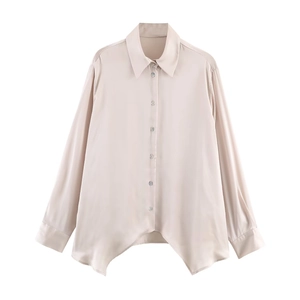Women Satin Shirt Long Sleeve Asymmetric Hem Elegant Champagne Blouse Button Down Lapel Solid Color Office Lady Tops