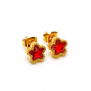 Sternförmige goldene Ohrstecker mit rotem Edelstein und goldenem Perlenrand