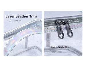 Detail of laser leather trim and heart-shaped alloy zipper on clear waterproof bag