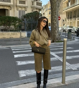 Olive green suede texture lounge set with loose long-sleeve top and bermuda shorts