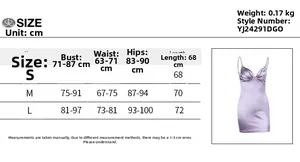 Detailed size guide table for the purple satin V-neck backless mini dress