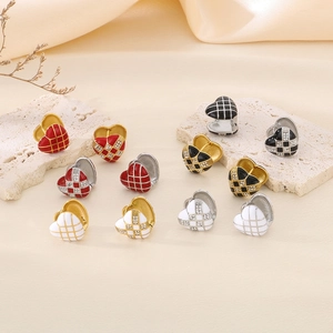 Heart Hoop Earrings Stainless Steel Enamel Checkerboard Rhinestone Vintage Jewelry With 925 Sterling Silver Earring Post
