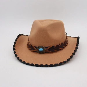 Camel western cowboy hat with turquoise metal buckle and black stitching detail