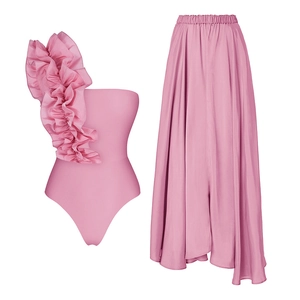 Pink one-shoulder swimsuit with ruffles and matching high-waisted skirt set for women