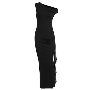 Elegant black one-shoulder maxi dress with side ruching and mesh detailing