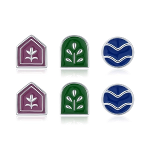 Boucles d'oreilles S925 argent émail vintage avec motifs de plantes violets et bleus