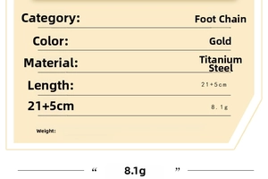 Detailed specifications of the gold titanium steel anklet featuring 21 plus 5cm length