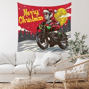 Detail of Christmas tapestry with Santa Claus on motorcycle hanging over a white sofa