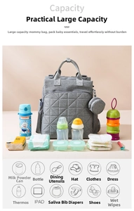 Detailed interior storage view of grey quilted baby diaper bag with multiple compartments