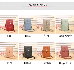 Eight colors of crossbody phone bags with touch screen and gold hardware detail