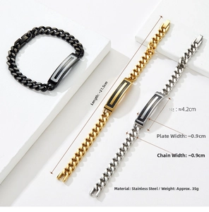 Detailed size specifications for stainless steel Cuban link bracelets in three colors