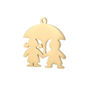 Gold stainless steel umbrella pendant with a silhouette of a boy and girl holding hands