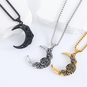 Gothic crescent moon and rose necklaces in black, gold, and silver stainless steel
