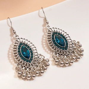 Vintage geometric oval hollow tassel earrings with crystals in silver and deep blue