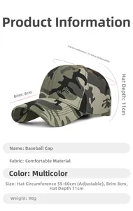 Detailed dimension chart for camouflage baseball cap with embroidery and adjustable strap