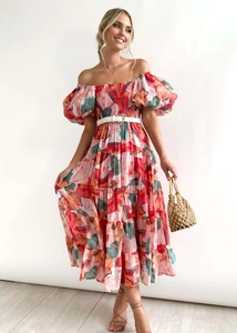 Detail of red floral off-shoulder maxi dress with smocked bodice and woven belt