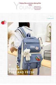 Close-up of blue and white canvas backpack featuring cute plush bear and cartoon badges