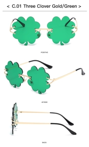 Three-view layout of green clover-shaped rimless glasses with gold metal frames for parties
