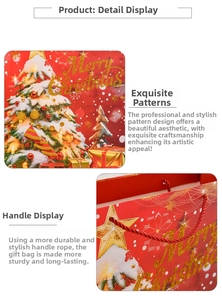Detail of red Christmas gift bag showing a festive tree pattern and durable woven handle