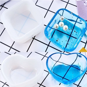 DIY silicone mold for heart and square resin storage boxes with blue finished container