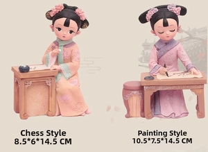 Detailed view of Chinese Qing dynasty style resin figurines with height dimensions