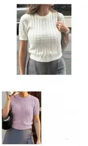 Détails du pull à manches courtes en maille torsadée pour femme avec tableau des matières
