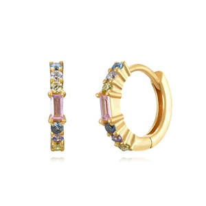 Elegant gold hoop earrings with multi-colored cubic zirconia gemstones on white background