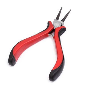 Detail of round nose pliers with red and black anti-slip handle for DIY jewelry making