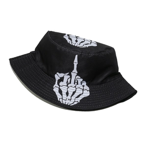 Detail of black cotton bucket hat featuring a white skeleton hand middle finger print