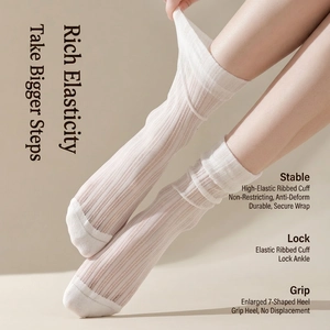 White ribbed calf socks with high-elastic cuff and anti-slip 7-shaped heel design