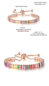 Detail of adjustable rose gold tennis bracelet with 2x4mm rectangular colorful zircon stones