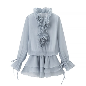 Detail of light blue lantern sleeve top with 3D floral applique and layered ruffles