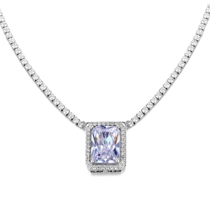 Detail view of rectangular lavender zircon necklace with silver tennis chain and halo
