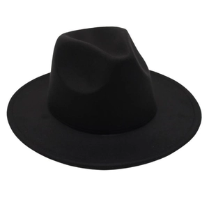 Detailed top view of a classic black wide brim wool fedora hat with a centered crown indent