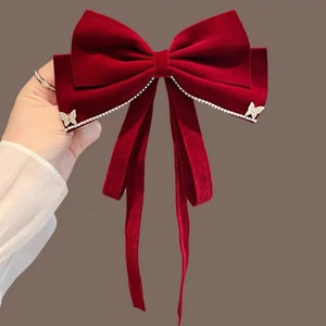 Elegant red velvet bow hair clip with rhinestone butterfly accents for wedding party