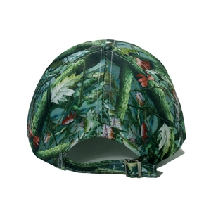 Detailed back view of camouflage baseball cap with adjustable metal buckle closure